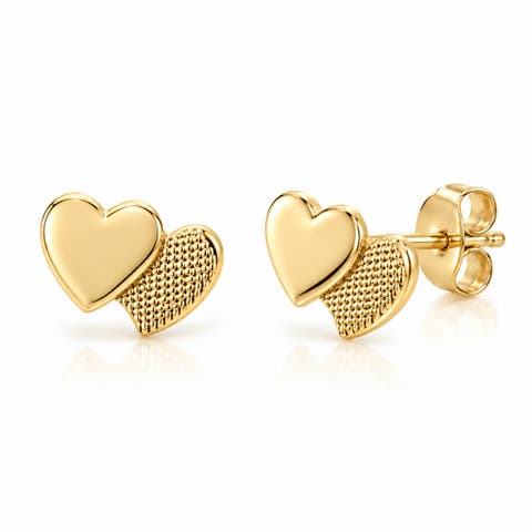 14k Yellow Gold Double Heart Stud Earrings