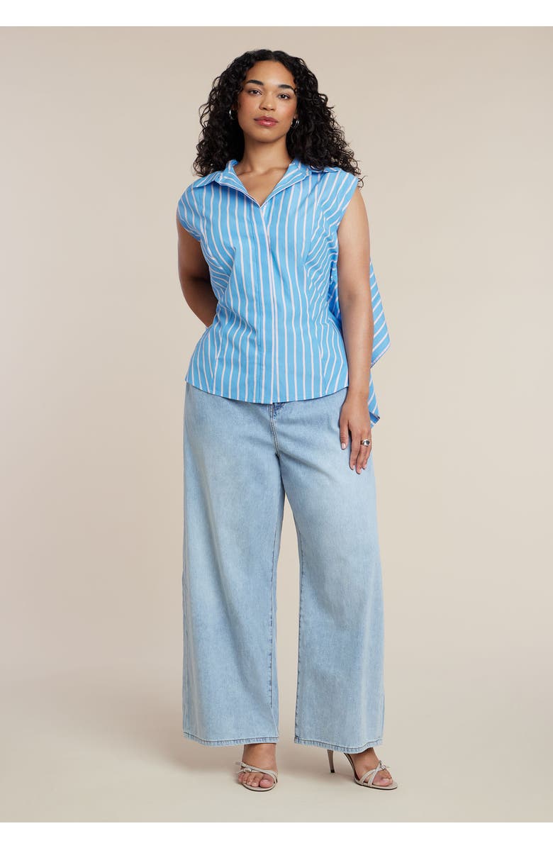 ELOQUII Button Up Shirt With Open Back, Alternate, color, Azure Stripe