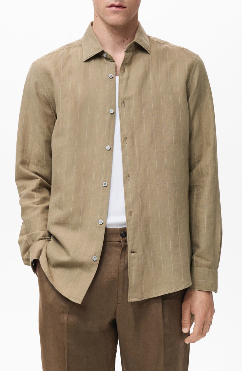 MANGO Pinstripe Linen & Cotton Button-Up Shirt, Main, color, Khaki