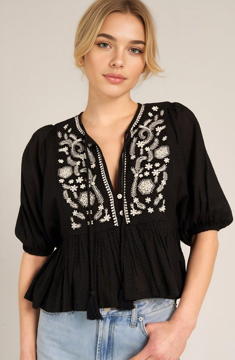 Knit and Lounge Boho Embroidered Peasant Blouse with Puff Sleeves, Main, color, Black