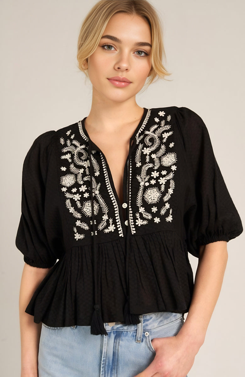 Boho Embroidered Peasant Blouse with Puff Sleeves