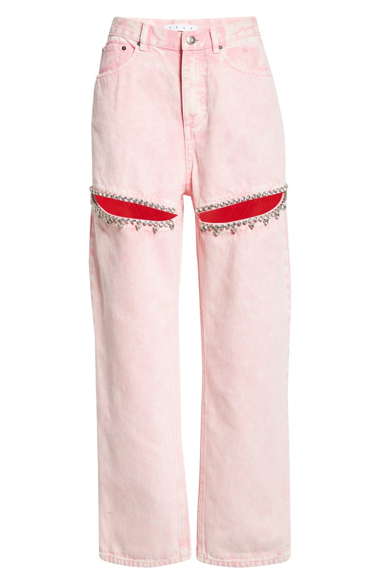 Area Crystal Slit Straight Leg Jeans, Main, color, Powder Pink