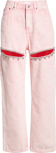 Area Crystal Slit Straight Leg Jeans | Nordstrom