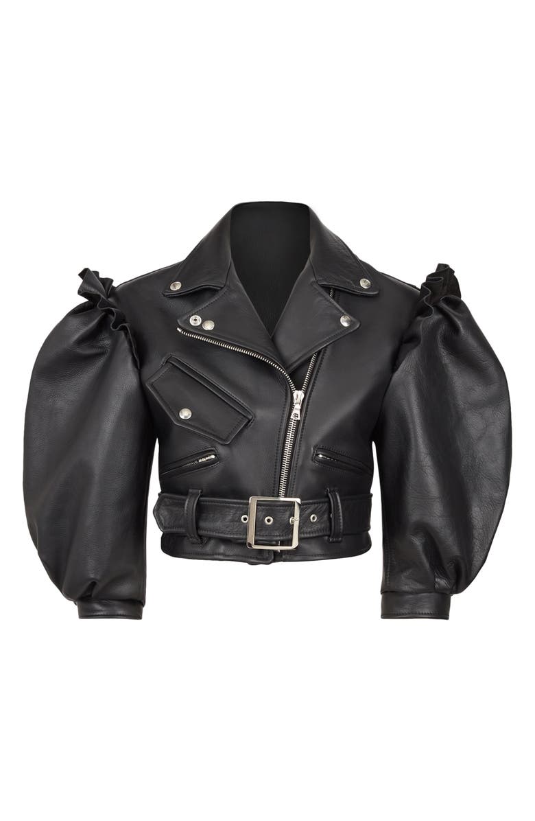 Simone Rocha Puff Sleeve Leather Crop Biker Jacket, Alternate, color, 
