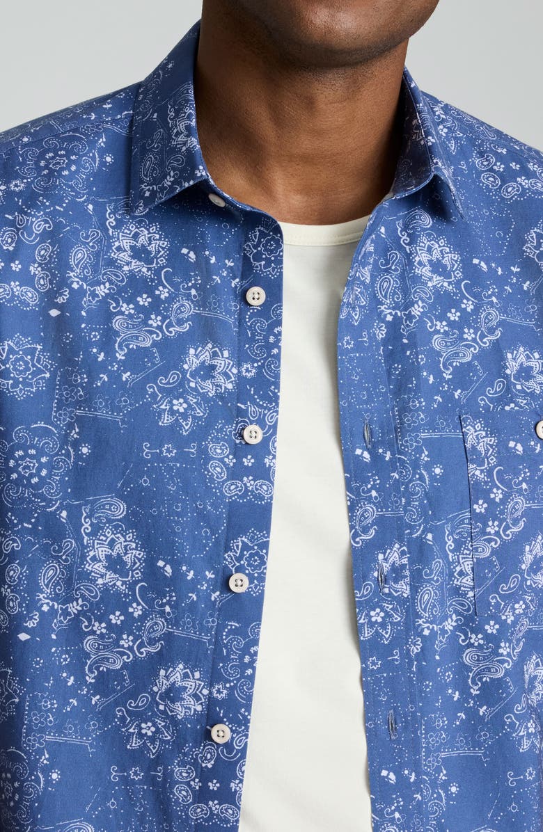 UNTUCKit Monroe Regular Fit Paisley Summerweight Short Sleeve Cotton & Linen Button-Up Shirt, Alternate, color, Navy White