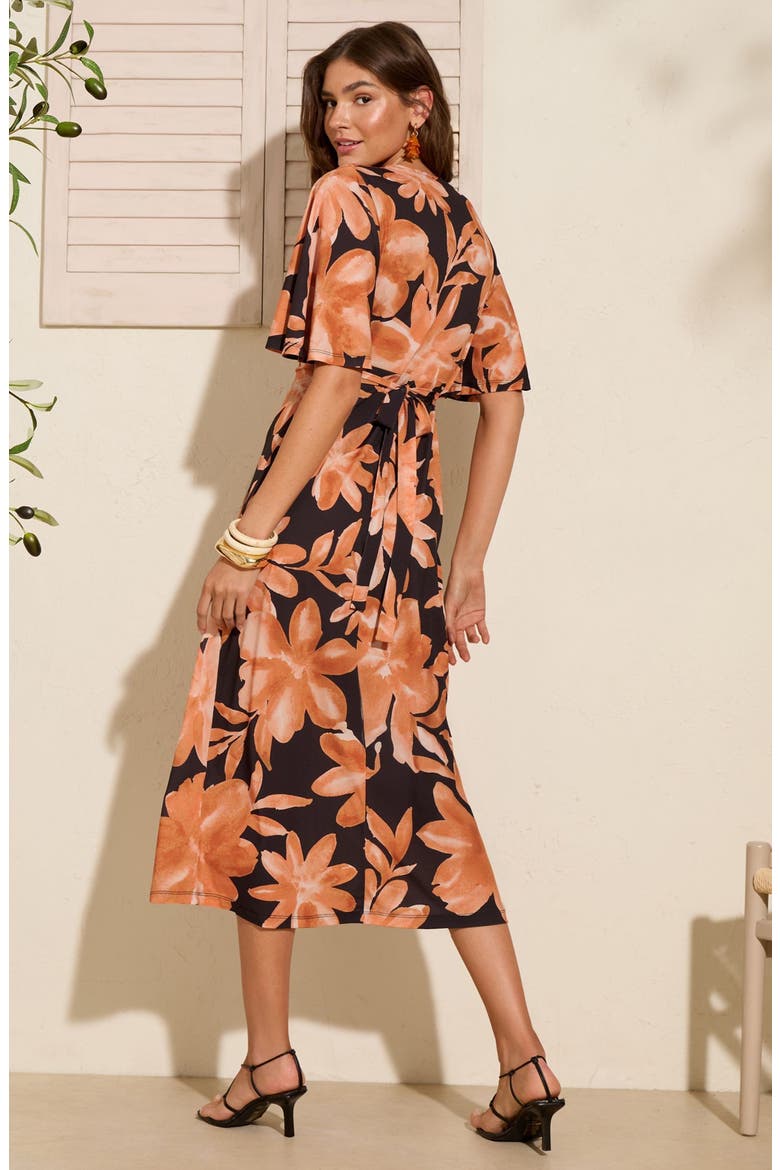 Floral Flutter Sleeve Midi Dress, Alternate, color, BLACK