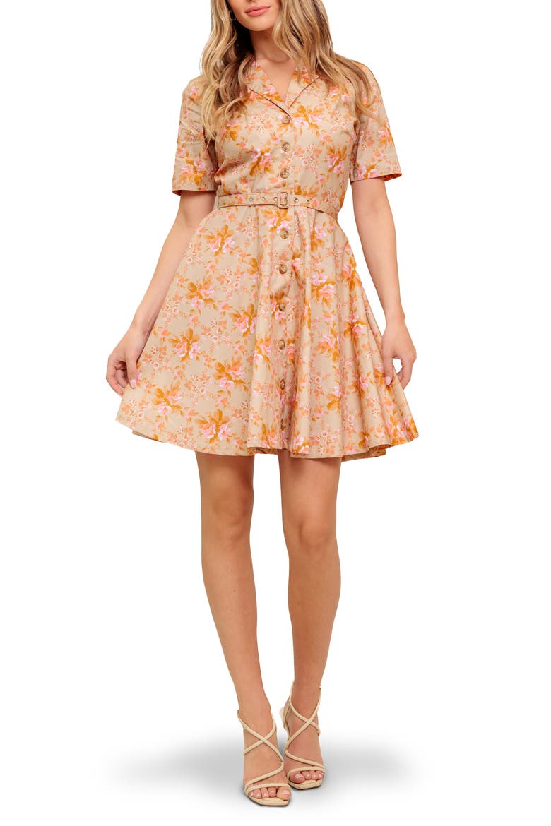 Floral Short Sleeve Fit & Flare Shirtdress, Main, color, TAUPE