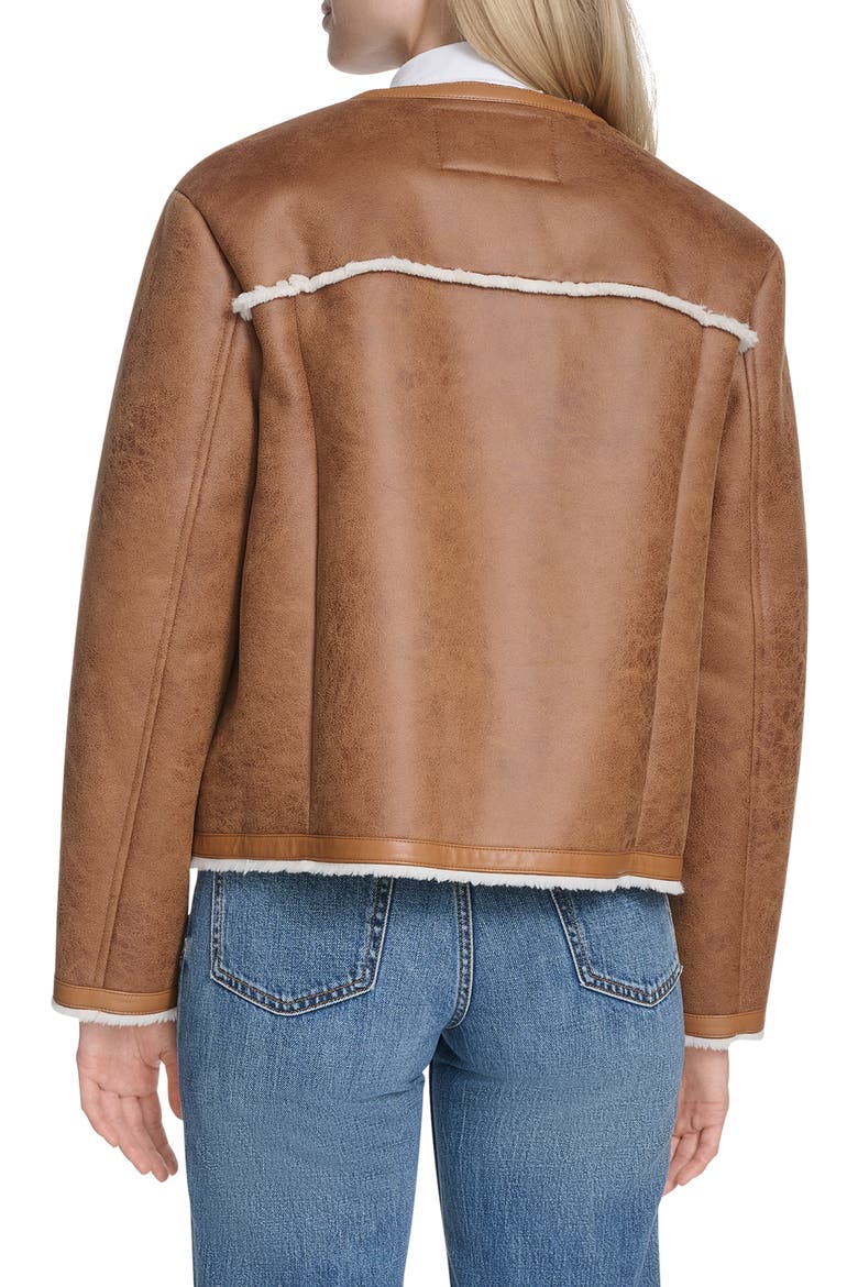 Water Resistant Waxed Faux Shearling Collarless Jacket, Alternate, color, HAZELNUT