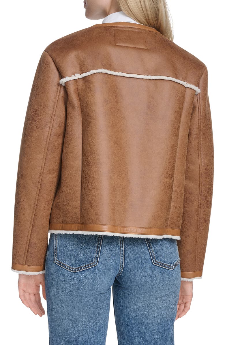 Cole Haan Water Resistant Waxed Faux Shearling Collarless Jacket, Alternate, color, Hazelnut