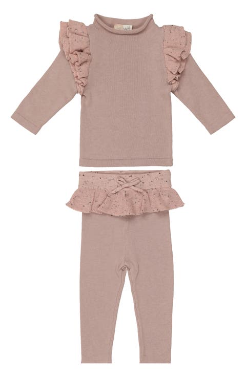 Flecked Ruffle Long Sleeve Cotton Blend Top & Leggings Set (Baby)