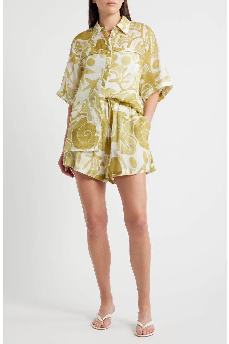 Irisa Abstract Print Linen Shorts, Alternate, color, LIGHT OLIVE