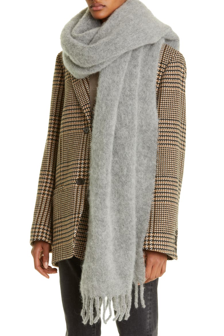 Brushed Alpaca, Mohair & Wool Blend Fringe Scarf, Main, color, LIGHT GREY MELANGE