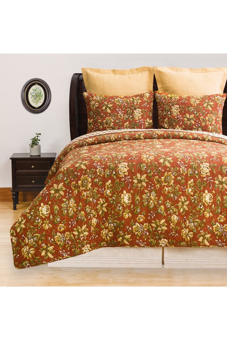 Estelle Fall Floral Cotton Quilt Set  - Reversible and Machine Washable, Alternate, color, Orange