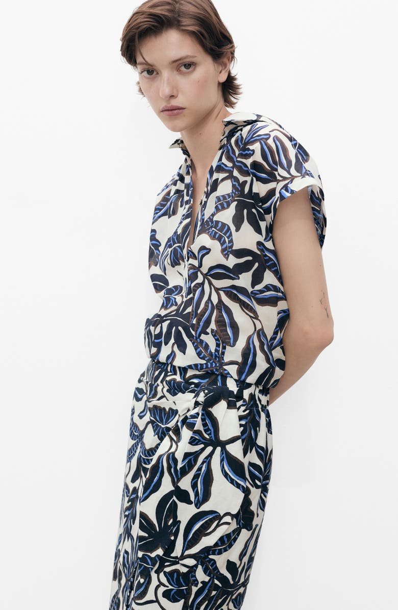 MANGO Print Cotton Shirt, Alternate, color, Ecru/ Blue/ Navy