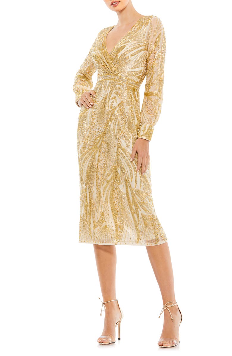 Mac Duggal Beaded Long Sleeve Tulle Midi Cocktail Dress, Main, color,