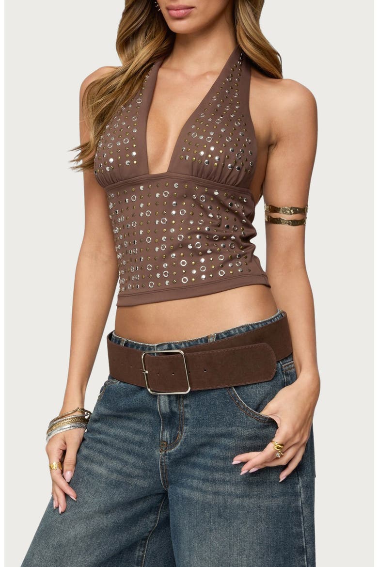 Jackie Studded Grommet Halter Top, Alternate, color, BROWN