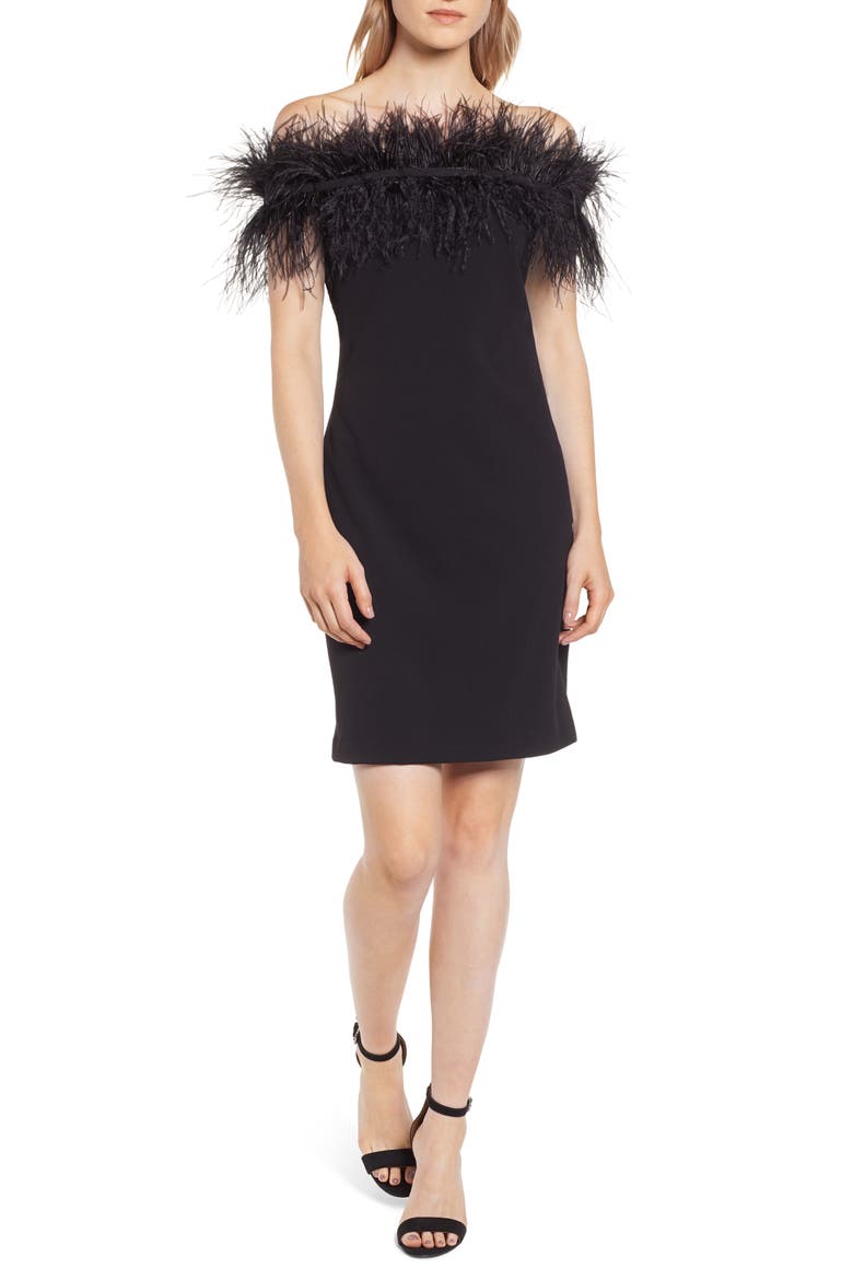 Feather Trim Off the Shoulder Dress, Main, color, RICH BLACK