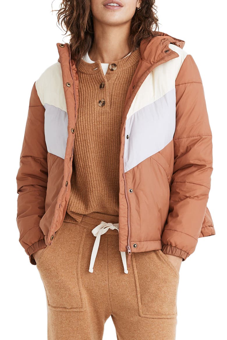 Chevron Colorblock Packable Puffer Jacket, Main, color, UMBER
