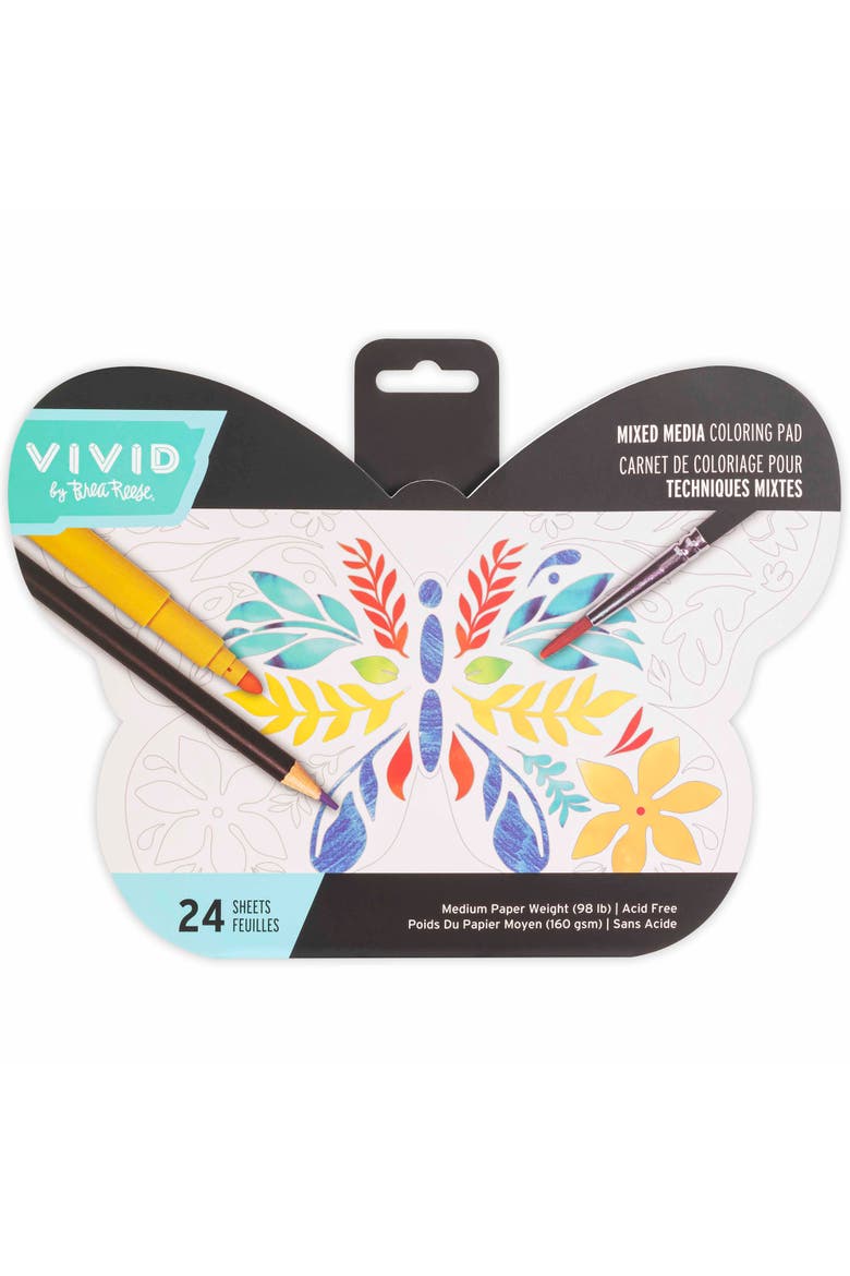Vivid by Brea Reese Mixed Media Coloring Pad, Butterfly, 24 Shaped Sheets, Main, color, Multicolored