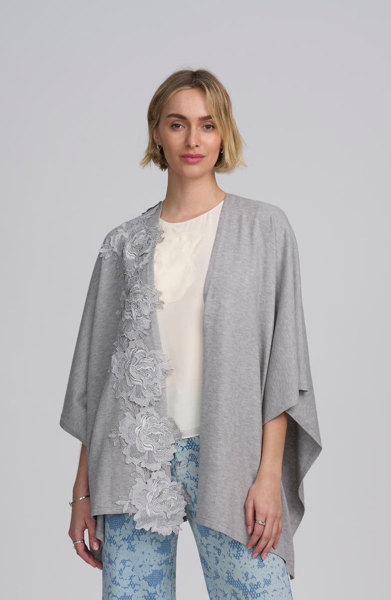 ELLE Collection Fine Gauge Draped Cardigan With Lace Applique, Main, color, Heather Grey