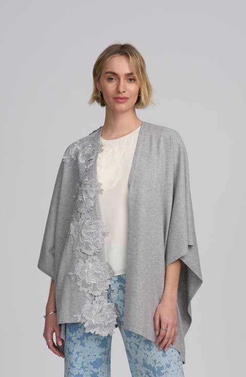 Fine Gauge Draped Cardigan With Lace Applique