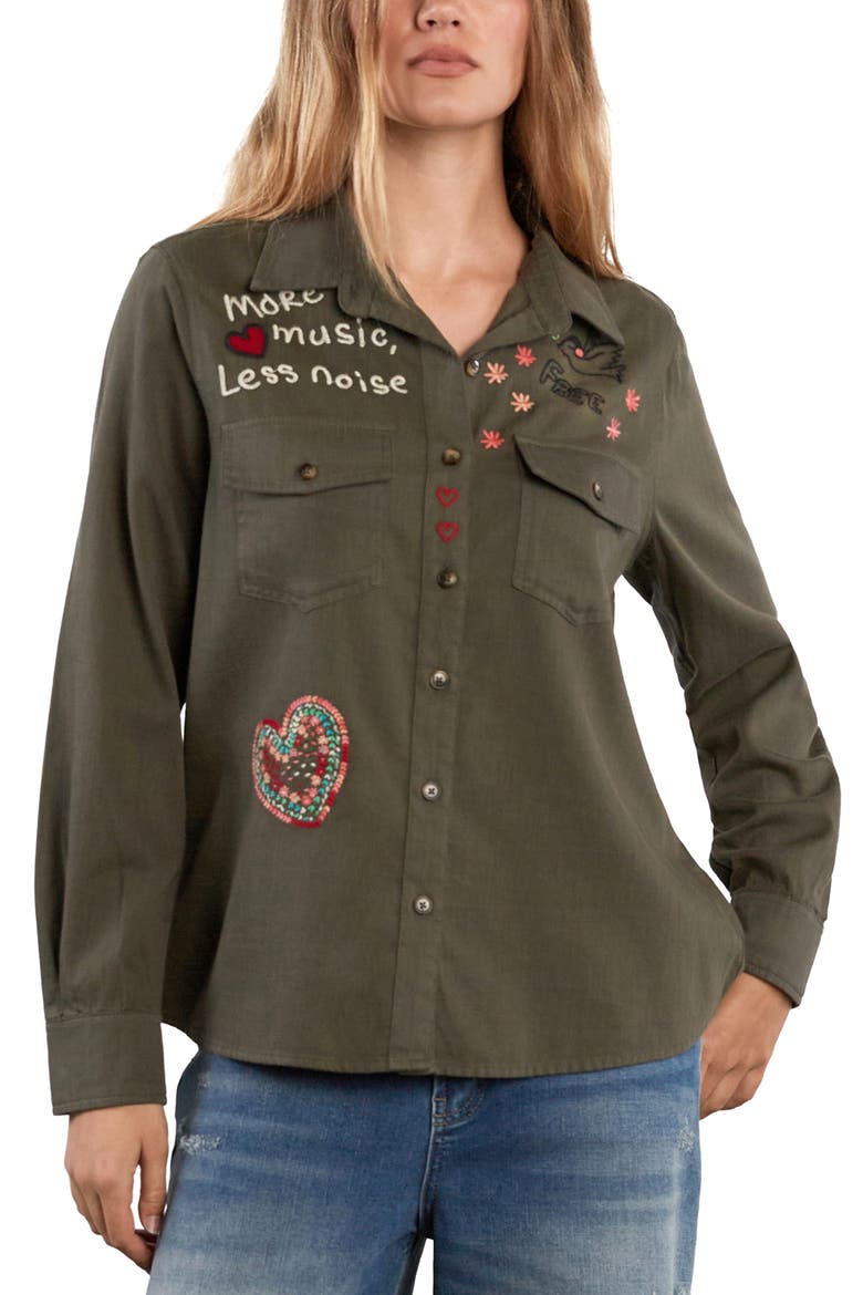 More Music Less Noise Denim Shirt, Alternate, color, ARMY GREEM