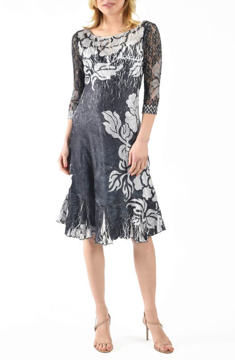 Lace Sleeve Charmeuse & Chiffon Cocktail Dress