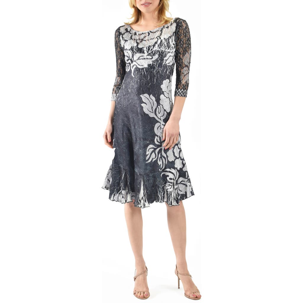 Komarov Lace Sleeve Charmeuse & Chiffon Cocktail Dress in Black/Silver Brocade