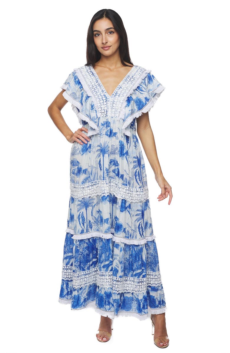 RANEES Plunge Fringe Trim Maxi Dress, Alternate, color, Blue