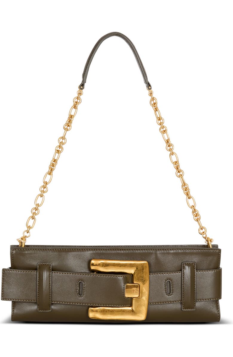 Balmain Anthem calfskin leather clutch, Main, color, Khaki