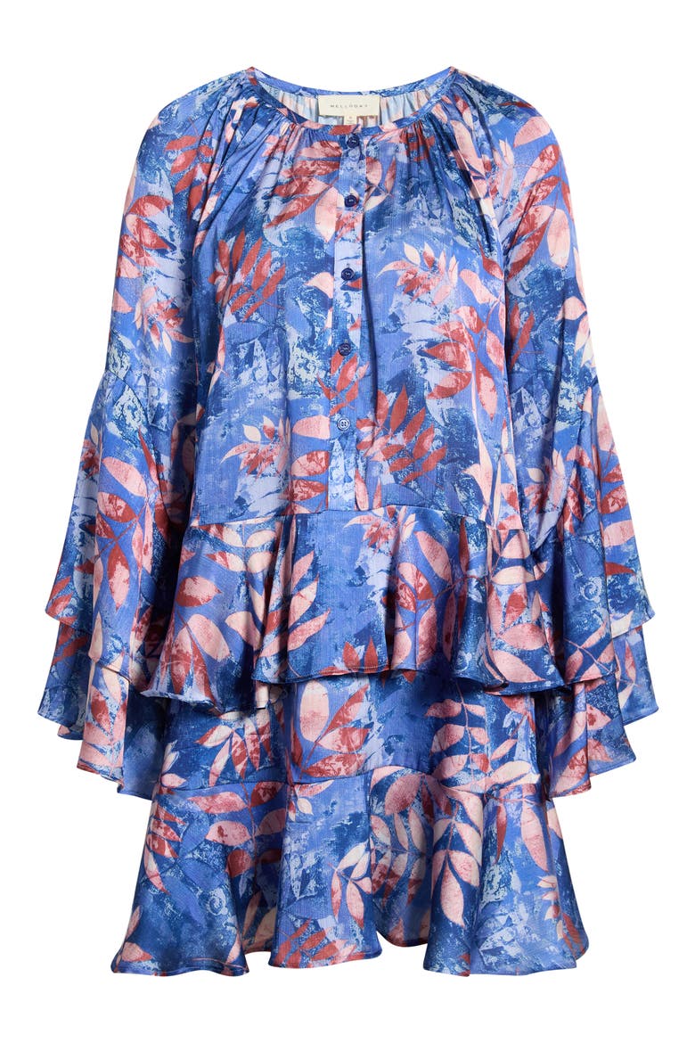 Leaf Print Long Sleeve Dress, Alternate, color, BLUE/ BLUSH LEAF