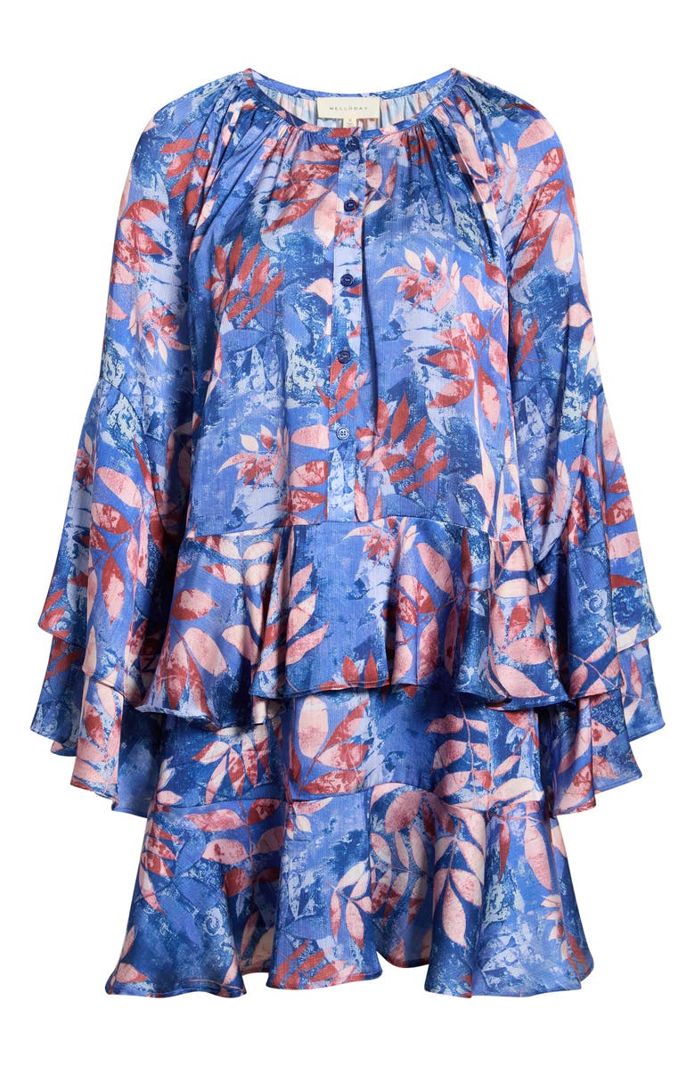 MELLODAY Leaf Print Long Sleeve Dress, Alternate, color, Blue/ Blush Leaf