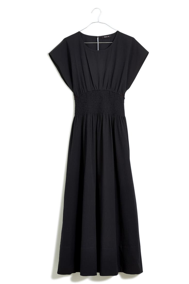 Stripe Smocked Waist Seersucker Midi Dress, Alternate, color, TRUE BLACK