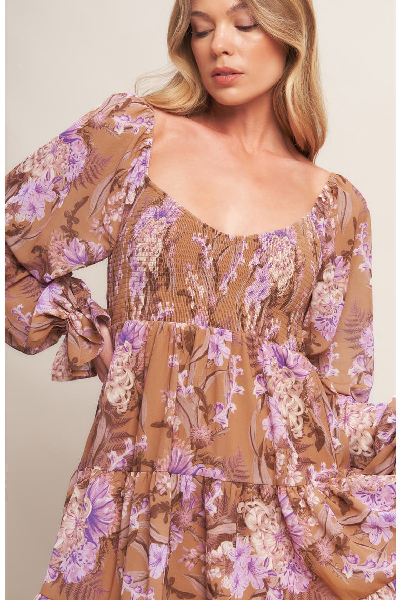 Floral Long Sleeve Babydoll Dress, Alternate, color, CAMEL