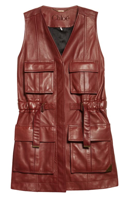 Shop Chloé Sleeveless Leather Utility Coat In Faded Mahogany