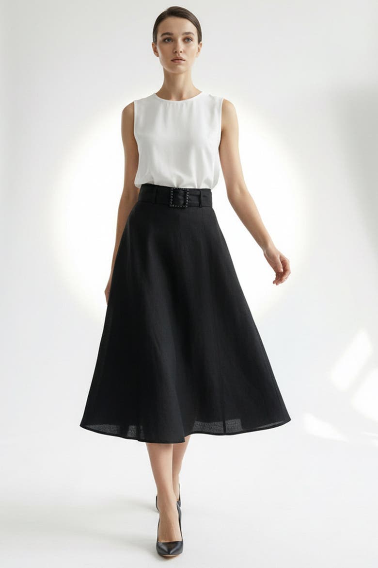 Skyler Midi Linen Skirt, Alternate, color, BLACK