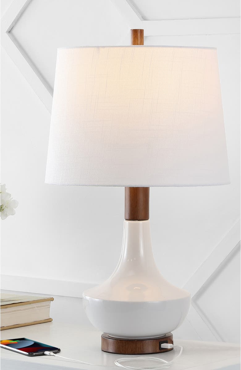 JONATHAN Y Finn 23" Vintage Minimalist Iron/Ceramic LED Mini Table Lamp with USB Charging Port, Wood Finished/White, Alternate, color, White/Brown Wood Finish