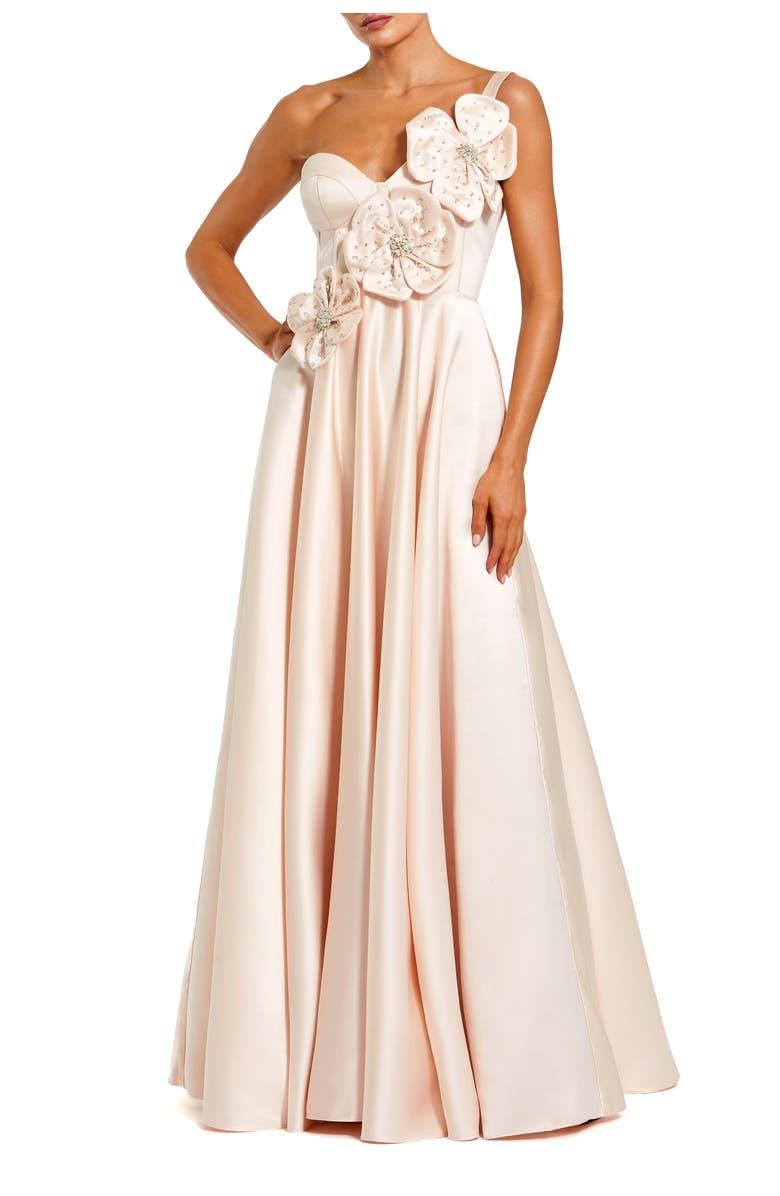 Mac Duggal Strapless Satin Bustier Gown With 3D Flowers, Main, color, Oyster