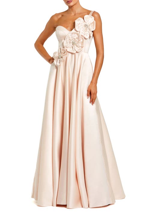 Strapless Satin Bustier Gown With 3D Flowers