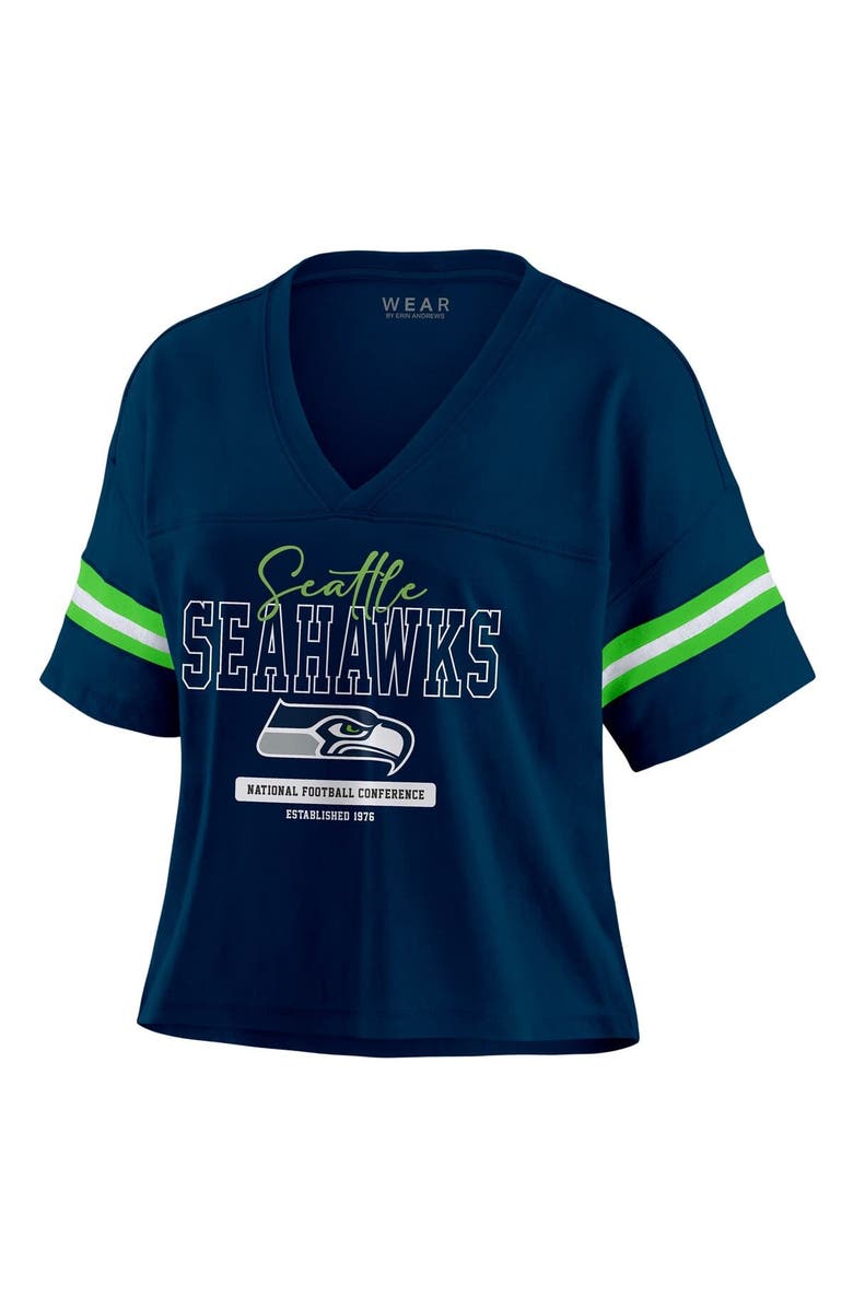 WEAR by Erin Andrews Women's WEAR by Erin Andrews Navy Seattle Seahawks Color Block Boxy Modest Crop V-Neck T-Shirt, Alternate, color, 
