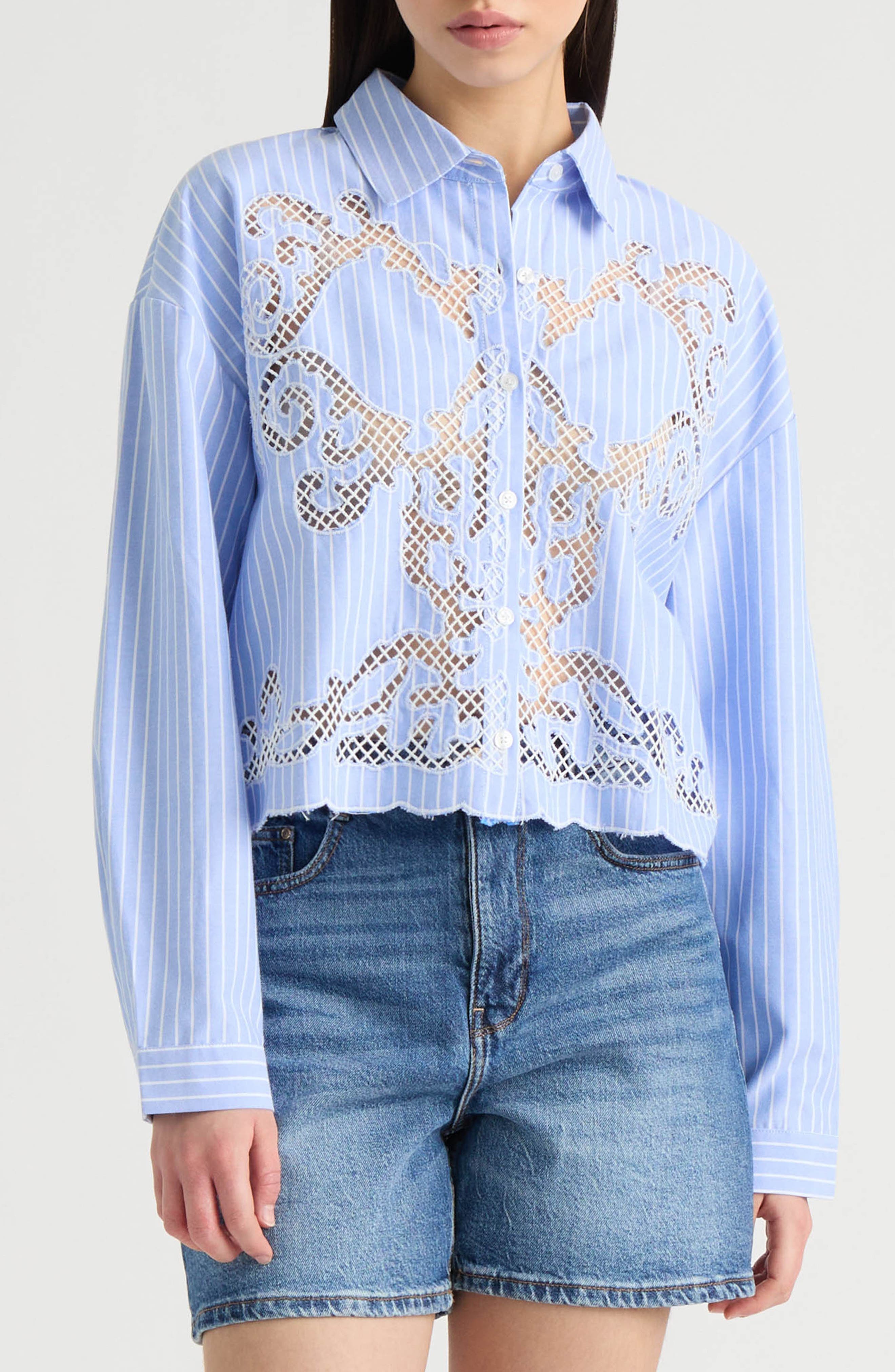 NVLT Embroidered Cutout Long Sleeve Crop Button-Up Shirt