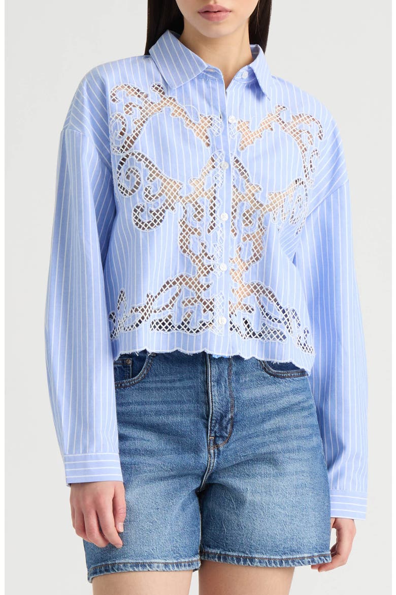 Embroidered Cutout Long Sleeve Crop Button-Up Shirt, Main, color, BLUE/ WHITE STRIPE