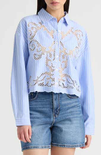 NVLT Embroidered Cutout Long Sleeve Crop Button-Up Shirt