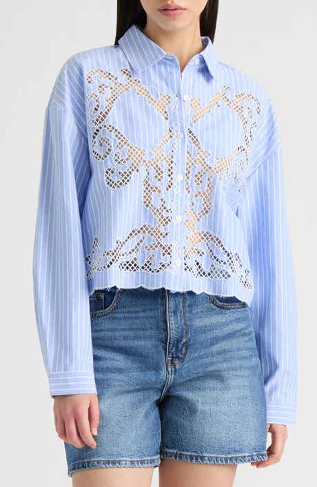 NVLT Embroidered Cutout Long Sleeve Crop Button-Up Shirt