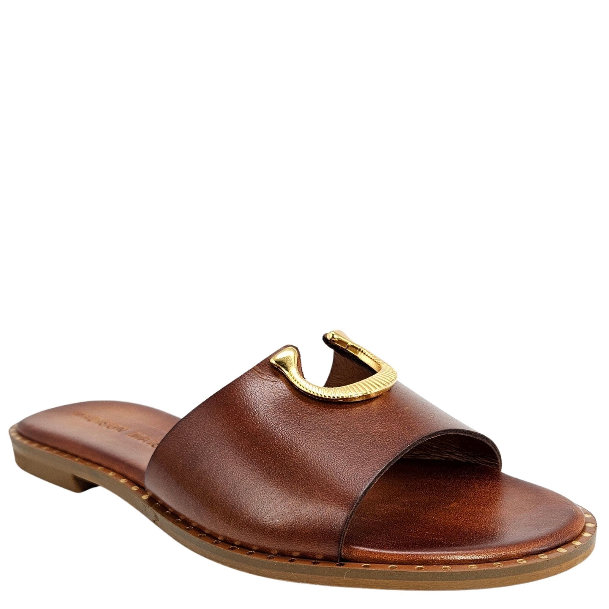 Horse Shoe Buckle Leather Flat Sandal, Alternate, color, caramel
