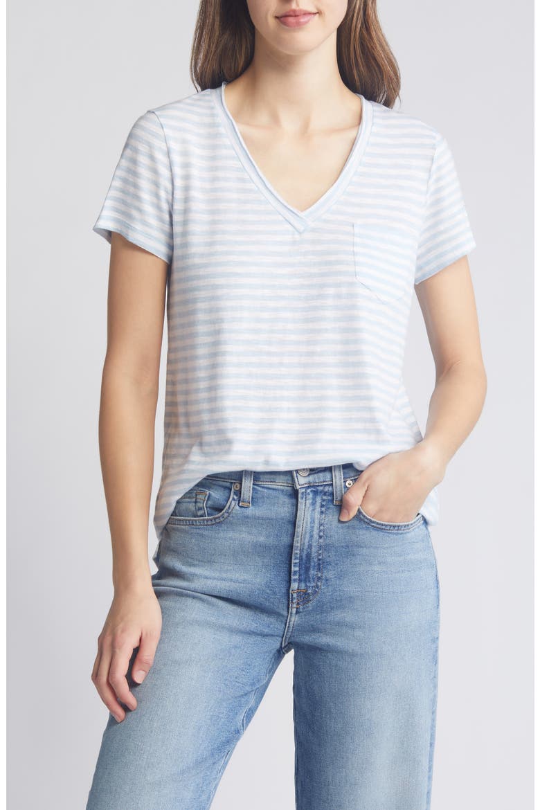 V-Neck Short Sleeve Pocket T-Shirt, Main, color, BLUE SKYWAY- WHITE BROOKE