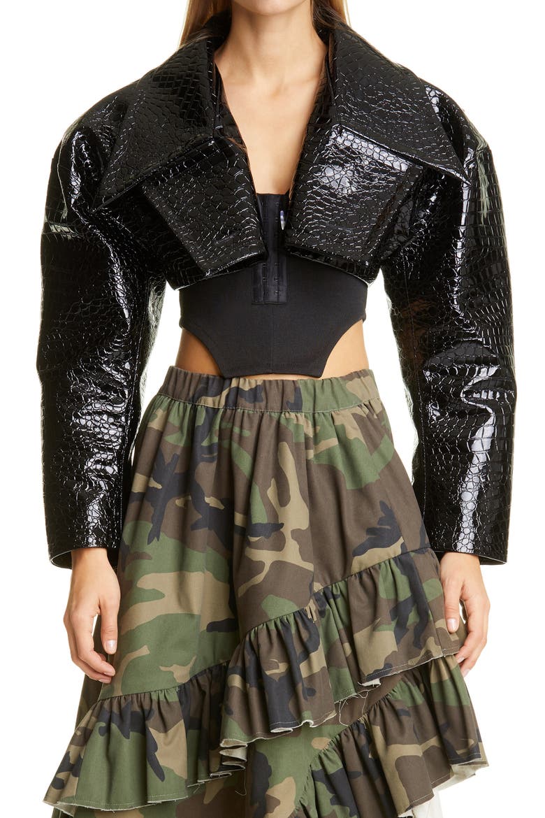 Croc Embossed Faux Patent Leather Crop Jacket, Main, color, BLACK