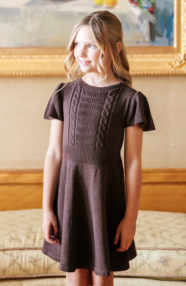 Hope & Henry Kids' Organic Flutter Sleeve Cable Sweater Dress, Alternate, color, Chocolate Heather