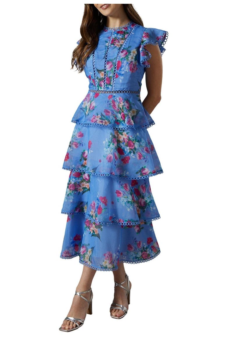 Coast Lace Trim Tiered Organza Midi Dress, Alternate, color, Blue