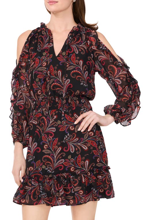 HALOGEN HALOGEN® PAISLEY COLD SHOULDER RUFFLE FIT & FLARE DRESS